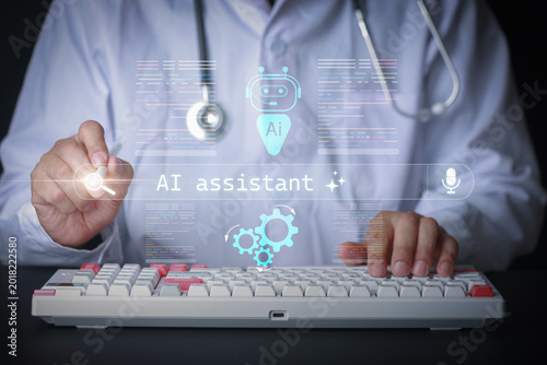 Focused doctor uses modern telemedicine technology with an advanced ai assistant hologram projection above mechanical keyboard