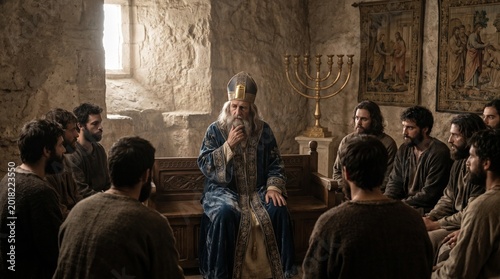 Ancient Jewish High Priest in blue robes teaching a group of disciples in a historical stone room in Jerusalem.