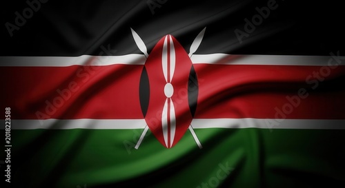 Kenyan flag waving with vibrant colors and detailed fabric texture