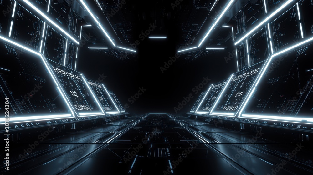 Fototapeta premium Futuristic corridor. Dark interior, bright neon lights create perspective. Digital displays line walls, suggesting high technology environment.