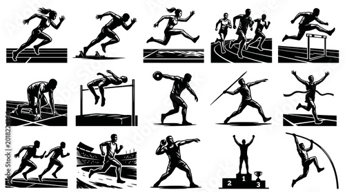Athletics Track and Field Sport Vector Graphic Illustrations. Black and White Silhouette Athletes Set.