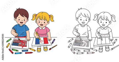 Two happy children drawing and coloring flags, with a black and white outline version for coloring.