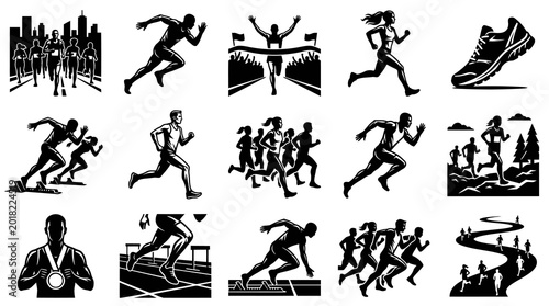 Black  White Running Athletes Silhouettes on White Background Vector Set