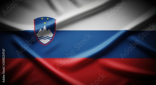 Slovenian flag with emblem and fabric texture