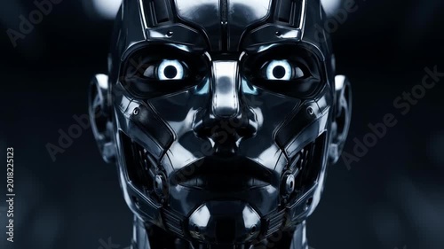 Half Human Half Robot Face with Glowing Eye in Dark Futuristic Artificial Intelligence Scene