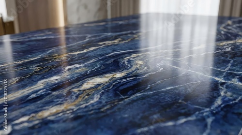Close-up of blue marble surface with natural veining and glossy finish