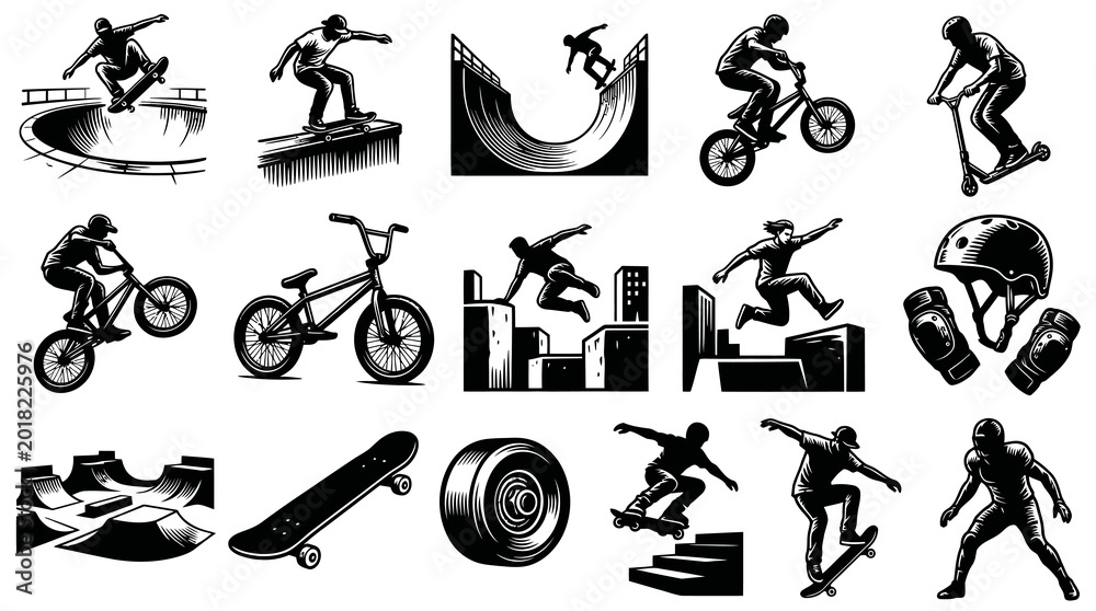 Obraz premium Black White Line Art of Extreme Sports Icons: Skateboarders, BMX, Scooters, Parkour