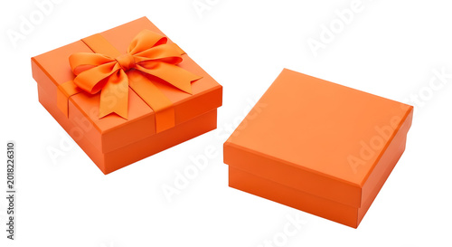 Two beautifully wrapped orange gift boxes with a decorative ribbon on top isolated on transparent background