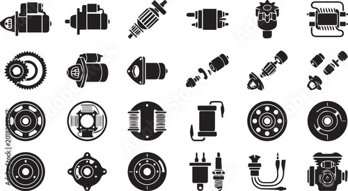 Automotive Starter Motor and Magneto Icon Set, Electrical Ignition System Silhouettes