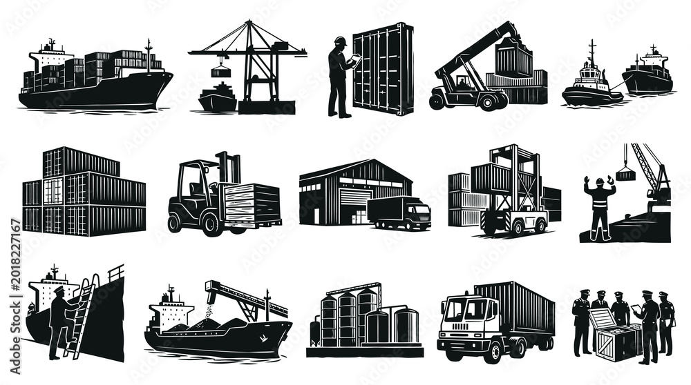 Naklejka premium Black and White Vector Illustration Set of Global Shipping, Logistics, Cargo and Port Operations