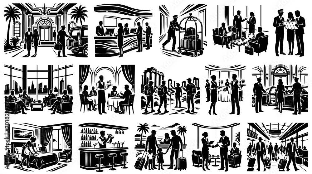 Fototapeta premium Hotel and Travel Industry Vector Illustration Set in Black White Line Art Style, depicting Hospitality Scenarios