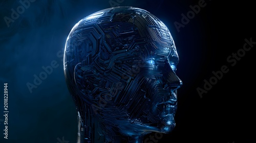 Futuristic Human Head Circuit Board Design Glows With Neural Pathways and Industrial Detail
