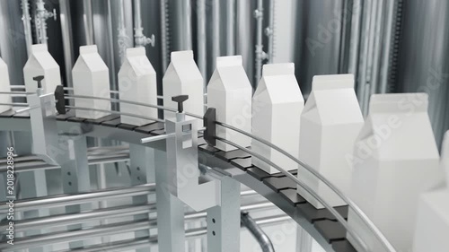 Automated conveyor belt with white milk cartons in factory. Industrial production line for dairy products packaging with modern machinery, clean manufacturing, and food processing technology