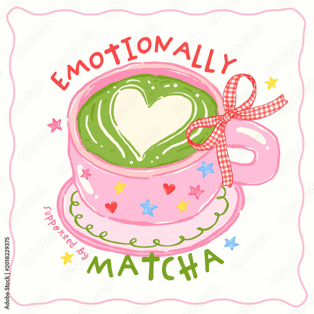 Fototapeta premium Whimsy girly matcha latte heart art coquette gingham bow Saying quote whimsical hand drawn doodle