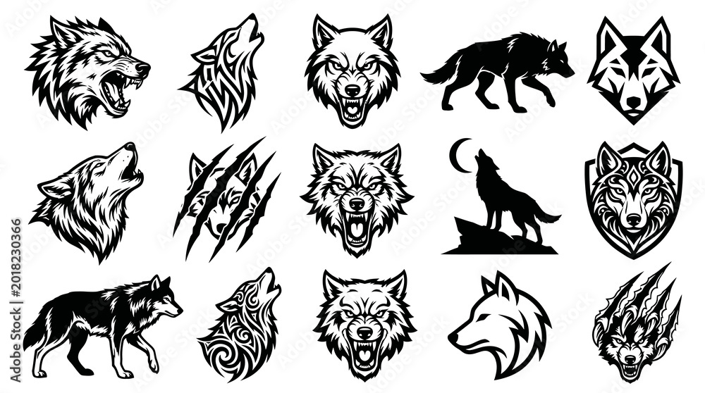 Fototapeta premium Wildlife Wolf Vector Collection: Monochrome Howling, Aggressive Heads, and Tribal Emblems