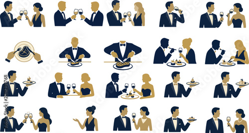 Elegant Couples Dining and Toasting with Wine at Formal Events