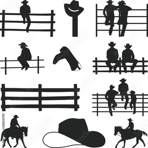 Cowboys fence silhouette Elements Collection, Western Cowboy Silhouette, Horse Stable svg, cowboy leaning on wooden fence tipping hat vector illustration