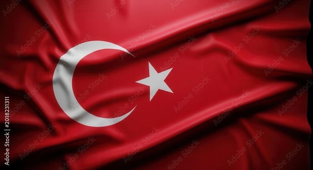 Obraz premium Turkish flag with crescent moon and star on red fabric background