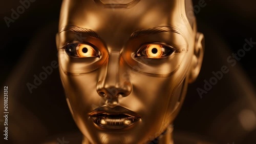 Luxury Golden Robot Face with Glowing Eyes in Futuristic Artificial Intelligence Portrait Scene