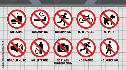 A collage of prohibited signs depicts various forbidden actions in a public area.