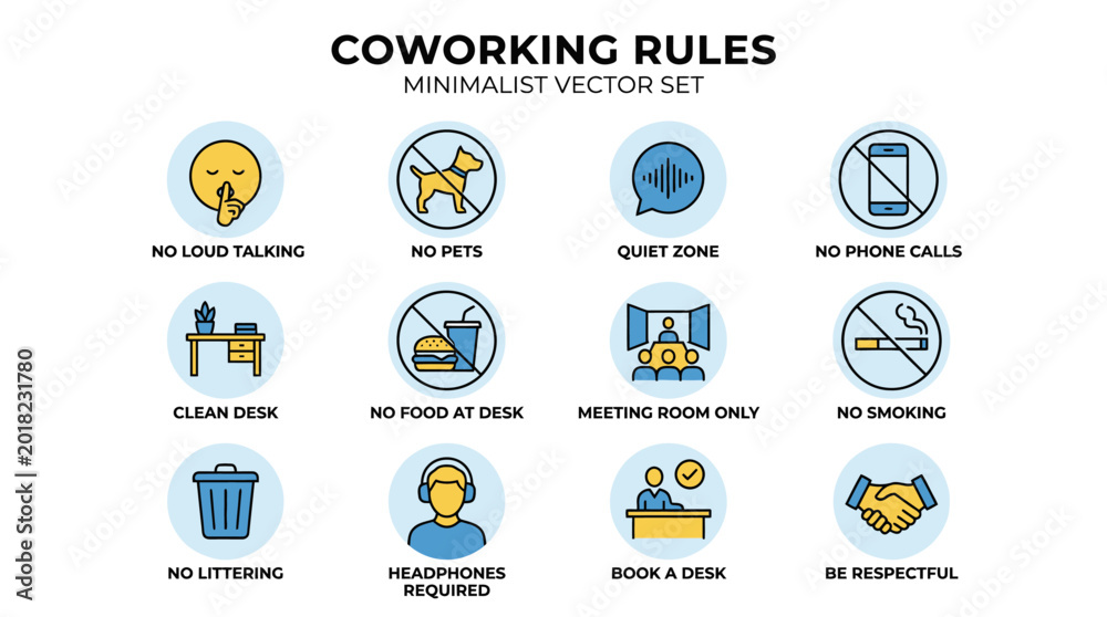 Fototapeta premium A minimalist vector set of icons and text illustrating essential coworking space rules and guidelines.