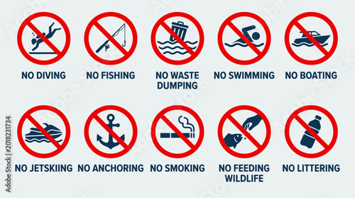 A signpost displays various prohibited activities in a coastal area with icons and text.