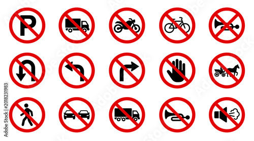Various prohibited road signs displayed on a white background with red circles