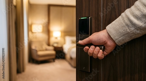 Close-up of a hand opening a modern hotel room door with electronic lock. Blurred luxury bedroom interior in the background creates a warm hospitality and travel concept with shallow depth of field.