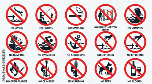 Free Download Warning signs on beach prohibit various activities and behaviors for safety and conservation. - GFXLoad