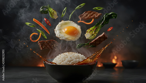 Fotografi makanan sinematik mangkuk nasi dengan daging sapi telur sayuran melayang dan percikan kuah dengan latar belakang asap
