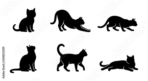 Tableau sur toile Six Black Cat Silhouettes, Feline Poses Vector Set, Elegant Domestic Animal Icon