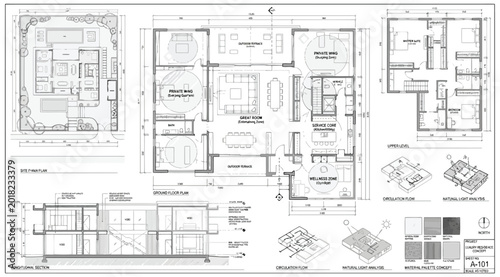 Εκτύπωση καμβά Architectural blueprint of a luxury modern residence with floor plans and sectio
