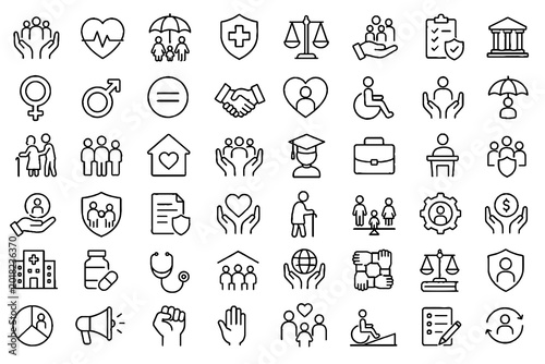 Community and Social Interaction Line Icon Set with People, Teamwork, and Cooperation Symbols