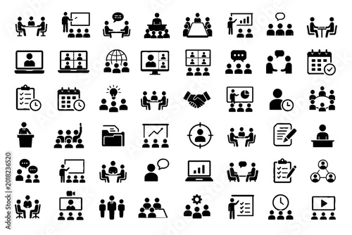 Meeting and Business Group Line Icon Set with Teamwork, Collaboration, and Office Interaction Symbols
