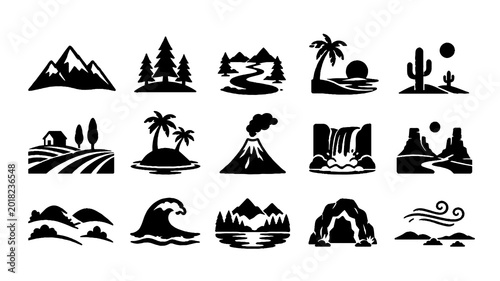 Landscape and Travel Solid Icon Set with Mountains, Beaches, and Natural Scenery Symbols