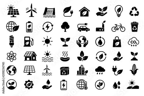 Energy and Environment Line Icon Set with Renewable, Sustainability, and Green Technology Symbols