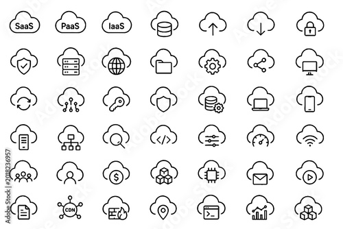 Cloud Computing and Data Storage Line Icons Set. Network, Upload, Download, Server and Technology Editable Outline Vector Symbols