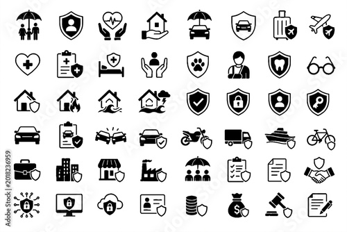 Real Estate and Insurance Line Icons Set. Property, Home Security, Healthcare, Delivery and Business Editable Outline Vector Symbols