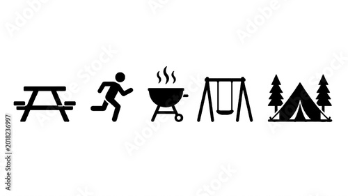 Camping and Outdoor Adventure Black Silhouette Icon Set. Vector symbols featuring picnic table, running trail, barbecue grill, swing, forest camping, and nature recreation icons isolated on white back