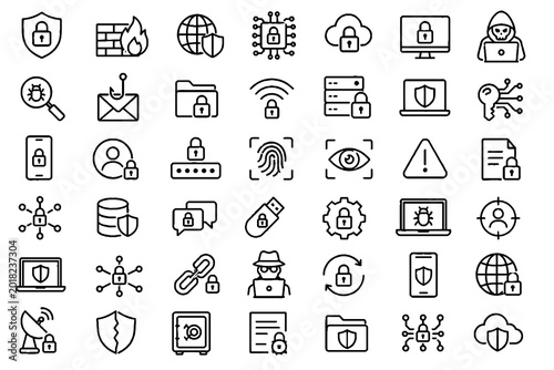 Cyber Security and Technology Line Icons Set with Data Protection Network Cloud and Digital Symbols