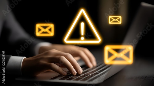 A close-up view of a person typing on a laptop, with glowing warning symbols and email icons, highlighting cybersecurity concerns in digital communication.
