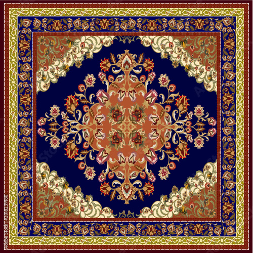 Foto Luxury Persian Carpet with Large Floral Medallion on Navy Blue and Terracotta Fi