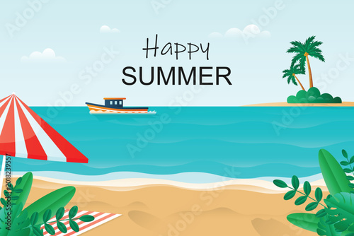 Happy Summer beach scene with umbrella and boat tropical vacation concept vector illusteration