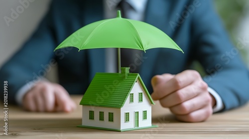 A conceptual image of a miniature house protected by a green umbrella, symbolizing home insurance and financial security in real estate.