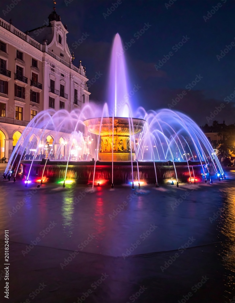 Fototapeta premium A vibrant nighttime scene of a large fountain with colorful lights