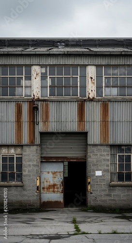 Dilapidated industrial building facade features weathered metal siding and brickwork under an overcast sky