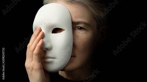 Woman holds white mask near face. Her eye stares with quiet intensity. Shadowed background enhances mystery. Mask conceals identity, reveals emotion. Perfect for themes of hidden truth or disguise