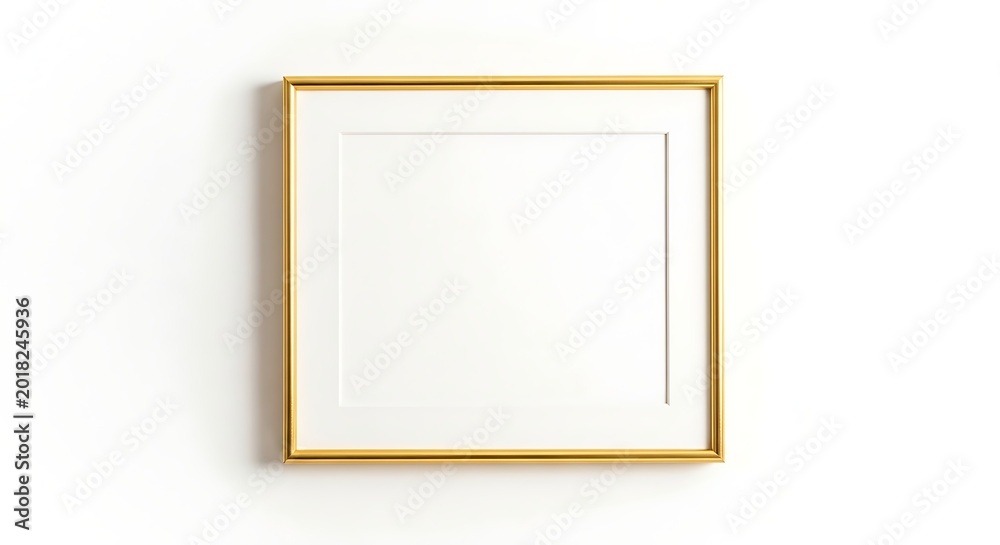 Fototapeta premium Minimalist gold metal photo frame on clean white wall with mat.