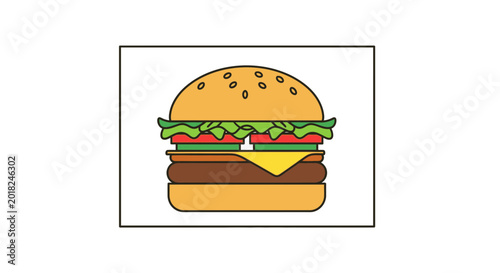 Delicious Double Cheeseburger Icon with Lettuce, Tomato, and Cheese on White Background