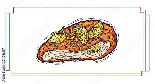 Delicious Fried Chicken Breast with Lemon Slices and Herbs, Hand-Drawn Style